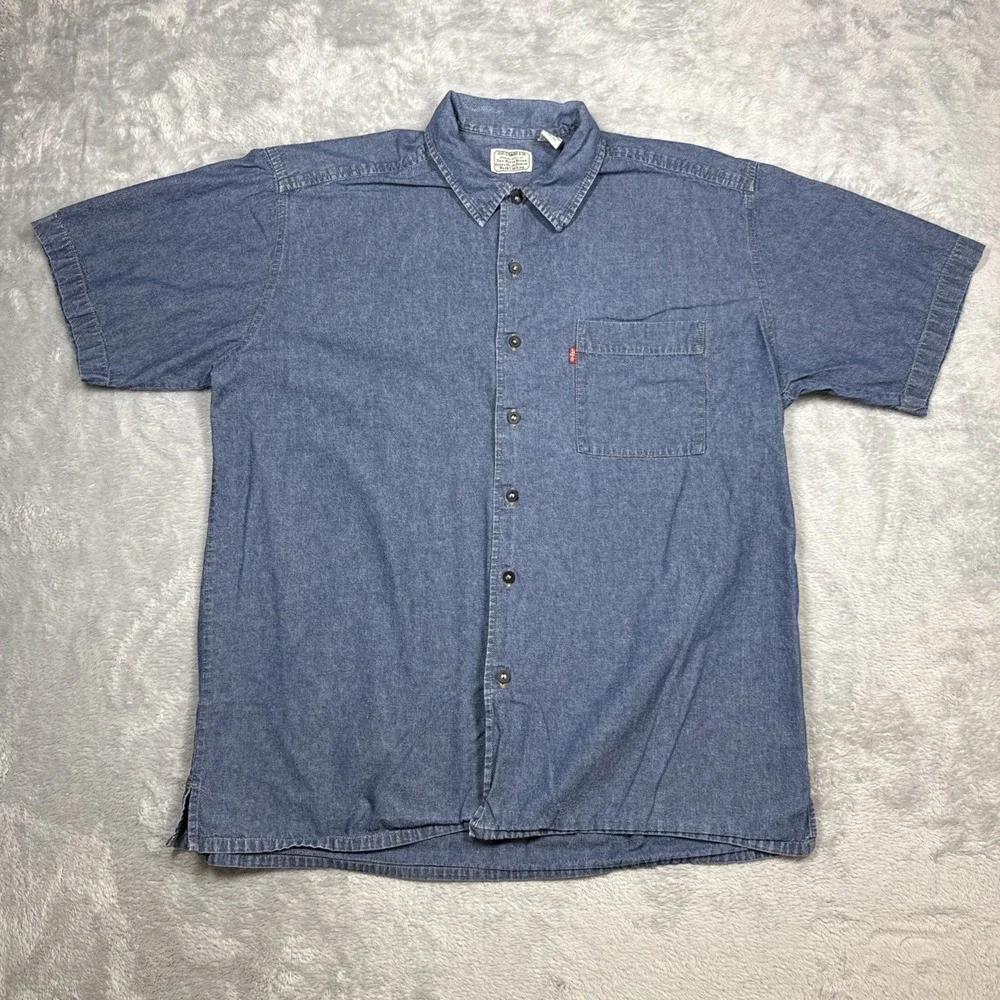 Levi Strauss Denim Short Sleeve Shirt Men L Blue One Pocket Two Horse Brand